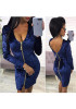 Blue Zipper Long Sleeve Fashion Midi Dress