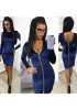 Blue Zipper Long Sleeve Fashion Midi Dress