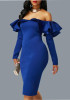 Blue Zipper Cascading Double Ruffle Off Shoulder Backless Long Sleeve Party Midi Dress