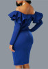 Blue Zipper Cascading Double Ruffle Off Shoulder Backless Long Sleeve Party Midi Dress
