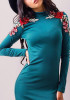 Blue Flowers Embroidery Round Neck Long Sleeve Midi Dress