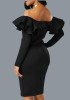 Black Zipper Cascading Double Ruffle Off Shoulder Backless Long Sleeve Party Midi Dress