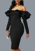 Black Zipper Cascading Double Ruffle Off Shoulder Backless Long Sleeve Party Midi Dress