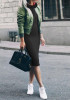 Black Pockets Drawstring High Neck Long Sleeve Fashion Midi Dress