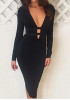 Black Plain Cut Out Plunging Neckline Long Sleeve Midi Dress