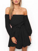 Black Off Shoulder Tie Waist Long Sleeve Mini Dress