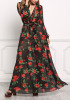 Black Floral Draped Sashes Deep V-neck Plus Size Long Sleeve Maxi Dress