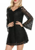 Black Draped Lace Double-deck V-neck Long Sleeve Midi Dress