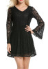 Black Draped Lace Double-deck V-neck Long Sleeve Midi Dress