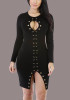 Black Cut Out Lace-up Front Slit Clubwear Party Long Sleeve Midi Dress