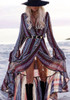 Purple Bohemian Floral Print Irregular Sashes Front Slit High-Low Boho Maxi Dress