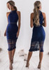 Navy Blue Floral Lace Cut Out Halter Neck Bodycon Graduation Party Midi Dress