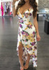 White Floral Spaghetti Strap Drawstring Sashes Ruffle Irregular Off Shoulder Backless Maxi Dress