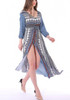 Blue Tribal Floral Frint Drawstring Slit V-neck 3/4 Sleeve Bohemian Maxi Dress