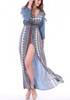 Blue Tribal Floral Frint Drawstring Slit V-neck 3/4 Sleeve Bohemian Maxi Dress