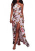 Black Floral Print Tie Back Buttons Cut Out Side Slit Fashion Maxi Dress