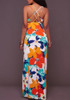 Orange Floral Cross Back Pleated Bodycon Beach Backless Clubwear Bohemian Maxi Dress