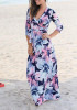 Blue Floral Print Sashes 3/4 Sleeve V-neck Bohemian Praty Maxi Dress