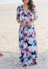Blue Floral Print Sashes 3/4 Sleeve V-neck Bohemian Praty Maxi Dress
