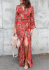 Red Floral Print Sashes Side Slit V-neck Beachwear Bohemian Maxi Dress Red Floral Print Sashes Side Slit V-neck Beachwear Bohemian Maxi Dress
