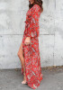 Red Floral Print Sashes Side Slit V-neck Beachwear Bohemian Maxi Dress Red Floral Print Sashes Side Slit V-neck Beachwear Bohemian Maxi Dress