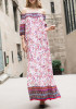 Red Floral Print Draped Off Shoudler Slit Half Sleeve Bohemian Maxi Dress