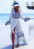 Blue-White Bohemian Floral Print Irregular Sashes Front Slit Boho Maxi Dress