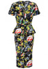 Black Floral Print Ruffle Peplum Bodycon Elegant Midi Dress
