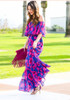 Blue Floral Ruffle Boat Neck Elbow Sleeve Bohemian Maxi Dress