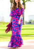 Blue Floral Ruffle Boat Neck Elbow Sleeve Bohemian Maxi Dress