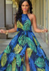 Blue Floral Print Bohemian Halter Neck Puffy Slit Holiday Maxi Dress Blue Floral Print Bohemian Halter Neck Puffy Slit Holiday Maxi Dress
