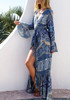 Blue Floral Drawstring Cut Out V-neck Thigh High Side Slits Bohemian Maxi Dress