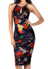 Black Floral Print Cut Out Sleeveless Vintage Bodycon Midi Dress