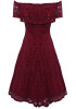 Burgundy Floral Lace Ruffle Pleated Off Shoulder Homecoming Wedding Elegant Skater Midi Dress