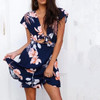 Navy Blue Floral Sashes Cut Out Plunging Neckline Mini Dress