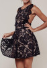 Casual Black Floral Lace Hollow-out Cross Back Backless Round Neck Mini Dress