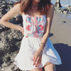 Casual White Floral Condole Belt Drawstring Ruffle Tassel Sleeveless Mini Dress