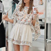 Casual Beige Floral Embroidery Drawstring Round Neck Mini Dress