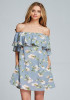 Casual Grey Floral Print Cascading Ruffle Boat Neck Fashion Mini Dress