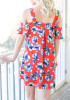Casual Red Floral Spaghetti Strap Draped V-neck Short Sleeve Mini Dress