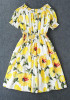Casual Yellow Floral Draped Off Shoulder Short Sleeve Fashion Mini Dress