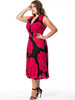 Casual Deep V-Neck Color Block Floral Swing Plus Size Maxi Dress