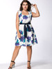 Casual Courtly Square Neck Floral Printed Plus Size Flared Dress