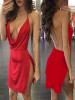 Red Side Slit Spaghetti Strap Plunging Neckline Bodycon Clubwear Party Mini Dress