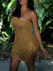New Yellow Bandeau Sequin Off Shoulder Backless Side Slit Sparkly Bodycon Clubwear Mini Dress