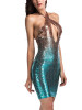 New Blue Cross Cut Out Sequin Halter Neck Backless Bodycon Fashion Clubwear Party Mini Dress