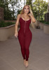 Burgundy Zipper Off Shoulder Spaghetti Strap Backless Bodycon High Waisted Party Long Jumpsuit