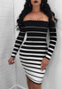 Black-White Striped Off Shoulder Ruffle Backless Bodycon Party Midi Dress Black-White Striped Off Shoulder Ruffle Backless Bodycon Party Midi Dress