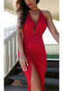 Red Backless Belt Ruched Side Slit Bodycon Deep V-neck Elegant Prom Maxi Dress