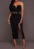 Black Plain Bandeau Hollow-out Boat Neck Off Shoulder Bodycon Pencil Maxi Dress